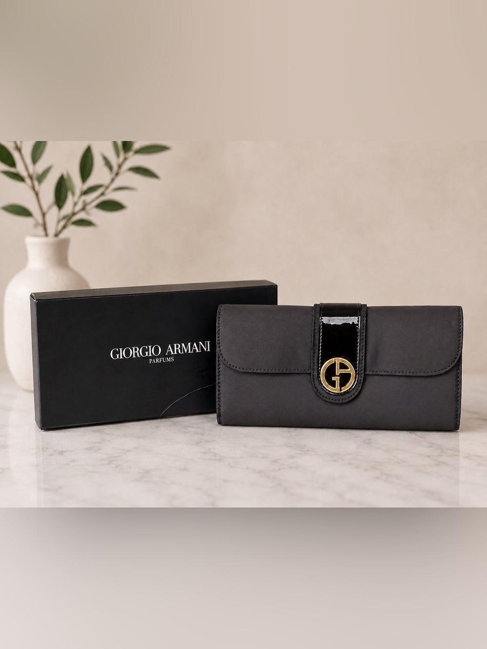 Giorgio Armani Black Satin clutch with Black Patent Strap
